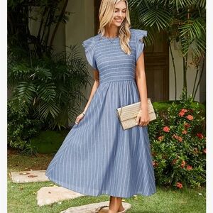Simplee  linen and cotton  Sky Blue Striped Midi Dress